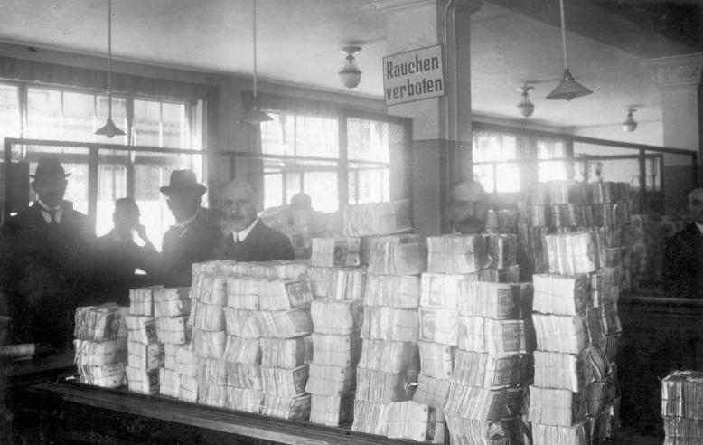 Piles of new Notgeld banknotes awaiting distribution at the Reichsbank during Germany hyperinflation, circa 1923