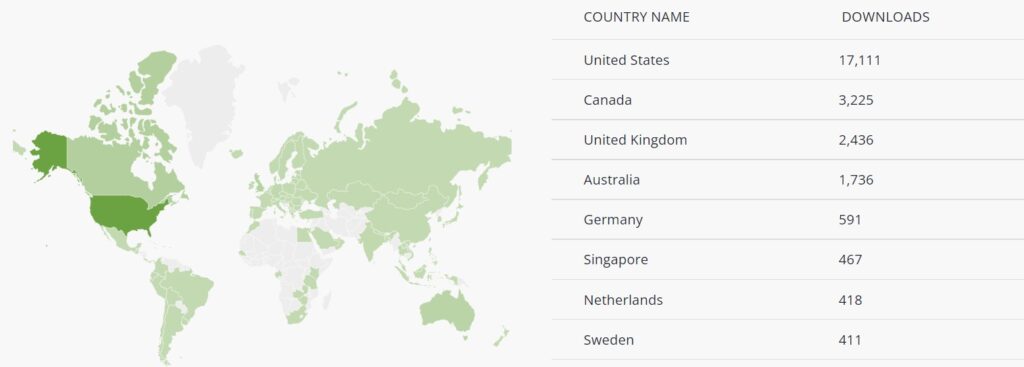 Map showing geographic location of podcast listeners