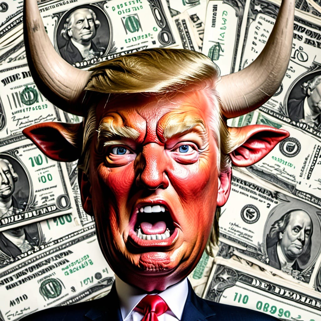 AI-generated image of Donald Trump as 'roaring bull' with US dollar backdrop